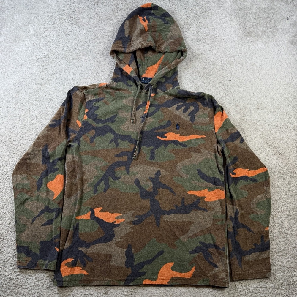 Polo Ralph Lauren T-Shirt Mens Small Green Camo Hooded Pony Long Sleeve Cotton